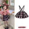 Clothing Sets Children's Baby JK Set Cute Pure Cotton Rabbit Ear Shirt Checkered Strap Pants Academy 2024