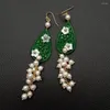 Boucles d'oreilles pendantes KKGEM or sur argent Sterling crochet boucle d'oreille 24x40mm vert Jade sculpté coquille de mer fleur blanc perle cluster