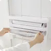 Multi-function Kitchen Storage Shelf Wrap Plastic Belt Cutter Wrap Film Cutter Triple Roll Paper Dispenser Tin Film Towel Holde 240125
