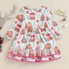 Girl Dresses FOCUSNORM 3-7Y Toddler Kid Christmas Dress Cartoon Cake Print Long Sleeve Round Neck A-Line Layered