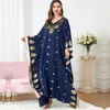 Ethnic Clothing Middle East Saudi Arabian Muslim Fashion Apparel Blue Stamped Print Bat Sleeves Loose Islamic Dress