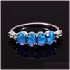 Alyans Düzenli Mavi Ateş Opal Nişan Yüzük Sıra Küçük Oval Taş Vintage Sier Renk Kadınlar Boho Jewelrywedding Drop Dhvbc