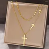 Pendant Necklaces Stainless Steel Cross Choker Multilayer Chain Double Stacked Wear Light Luxury Fine Necklace For Women Jewelry