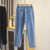 Plus storlek pojkvän svart dräneringsrörsjeans för kvinnor hög midja knappen ben öppning smal denim bomulls anklelängd rak byxor 240129