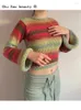 Frauen Pullover 2024 Herbst Winter Vintage Beiläufige Gestrickte Pullover Y2k Gestreiften Oansatz Lose Regenbogen Kurze Pullover Frauen Crop Top