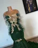 Sparking Feather Mermaid Prom Evening Dresses Jewel Neck Lace Appliques Special Occasion Dress Emerald Green Crystal Gala vestidos de fiesta