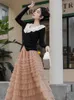 Vestidos de trabalho Mulheres francesas Romentic 2 peça vestido conjunto babados preto malha cardigan rosa babados gaze bolo saia feminina evning roupas de baile