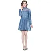 Casual Dresses Princess Dress 2024 Spring Stand Collar Long Sleeve Perspective Mesh Piece Få midja Puffy Big Swing Pentagram denim