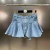 Saias prepomp 2024 primavera coleção babados retalhos estiramento azul curto denim saia mulheres gp326