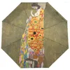 Umbrellas Fully Automatic Women Rain Umbrella Gustav Klimt Oil Painting Three Folding Portable Sun Protection Parasol