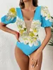 Women's Swimwear 2024 Sexy One Piece Swimsuit Puff Sleeves Print Floral Women Bathing Suit Beach Wear Backless Monokini Summer