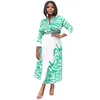 Arbetsklänningar Spring Autumn Casual Printed Pleated Two Piece Set Women Ruched 2 Outfit Button Down Shirt Tops Ruffle Maxi kjolar