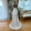 Luxe Witte Zeemeermin Prom Dress 2024 Veren Kraal Sheer Hals Hoge Kant Split Sexy Avondjurken Birhtday Partij Jassen vestidos