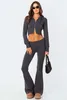 Women's Two Piece Pants Knit Rib High Waist Flares Crop Top With Zip Up Set Trousers Tracksuit Loungewear Y2k Style Cute Hoodie Outfits