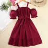 Girl's Dresses Kids Casual Dress for Girls Summer New Children Off Shoulder Short Sleeve Red Princess Strap Dress Fashion Clothing 7-14Y