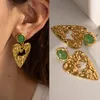 Boucles d'oreilles pendantes Boho coeur creux en acier inoxydable texturé pour femmes Simple Turquoise cristal Stud élégant Bijoux de luxe Bijoux