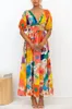 Bohemian Flower Print Holiday Maxi Dresses For Women Sexy Deep Puff Short Sleeves Casual Beach Aline Long Dress Vestidos