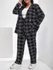 Plus Size Fashion Casual Classic Anzug Set Damen Plus Grid Print Langarm Reverskragen Blazer Hosenanzug 2-teiliges Set 240131