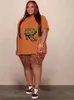 Wmstar Plus Size Women Clothing 2 Piece Outfits Loose Lip Printed Top Leopard Shorts Casual Matching Set Wholesale Drop 240125