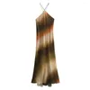 Casual Dresses Traf Summer Fashion Tie Dye Hanging Neck Women's Dress Fish Tail Hem ärmlös Open Back High midja Midi