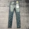 Jeans da uomo viola firmati pantaloni slim fit ricamo elastico moda stile Jean baffo di gatto sbiancante buco rotto marchio di lusso H3td 26X9