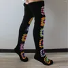 Женские носки с цветочным узором, вязаные чулки, осень-зима, до бедра, длинные, выше колена, колготки, чулочно-носочные изделия