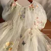 Flicka klänningar barn klädflickor söt klänning 2024 sommar fashionabla bubbla ärmar fairy blommor broderi mesh väv prinsessan