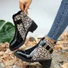 Boots Big Size Leopard Print Women Winter Round Head Belt Buckle Short High Heel Naked C1350