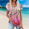 Damenblusen, Sommer-Blumengrafik-Shirts für Damen, kurzärmelig, Strand, lässig, Streetwear, Damen, V-Ausschnitt, Pullover, Tops