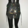 Skirts Shiny Sexy Rhinestone Sequin Fishnet Mini Skirt Festival Drawstring Elastic See Through Diamond Mesh High Women