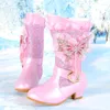 Bottes Fille Talon Strass Papillon Princesse Bleu Bateaux Enfants À Talons Hauts Velours Canister Garder Au Chaud