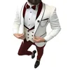 Мужские костюмы, модный белый пиджак, жилет, красные брюки, однобортный смокинг с отворотами и шалью, комплект свадебной одежды, куртка из 3 предметов