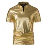 Men's T Shirts Men Gold Shiny Henry Neck Shirt Fashion Short Sleeve Coated Metallic Nightclub Disco Party T-shirt Hip Hop Homme Costume 2024