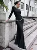 Casual Dresses Ailigou 2024 Women's Sexy Tight Long Sleeve Off Back Luxury Diamond Crystal Belt Maxi Dress Elegant Celebrity Party