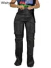 Pantaloni da donna Casual a vita alta con bottoni Pantaloni dritti da night club Abiti da donna Streetwear Raso setoso Multi tasche Cargo