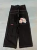 Джинсы с вышивкой Rock 7 Dice Pattern JNCO Мужчины Женщины Хип-хоп Свободные джинсы Черные брюки Мода Harajuku Широкие брюки с высокой талией 240126