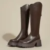 Bottes Chaussures Pour Femmes 2024 Mode Fermeture À Glissière Hiver Bout Rond Solide Genou-haute Plateforme Talons Chunky Preuve De L'eau Haute