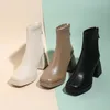 Heels for Boots High Fashion Chunky Women Ankle Platform Stretch Fabric Square Toe White Sole Zipper Young Lady Booties 2024 274 Platm