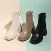 Botas moda tornozelo para mulheres saltos altos plataforma robusta tecido quadrado dedo do pé branco único zíper jovem senhora botas 2024