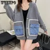 Tricots pour femmes Wtempo lâche épissé cardigan femmes ouvert avant pull à manches longues col en V tricots femme manteau avec poche en denim patchwork