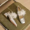 Dress Shoes EVACANDIS Sheepskin Silver High Heels For Women Quality Square Head Mary Jane Thick Heel Fur Feather Single