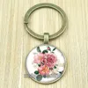 Keychains Beautiful Peony Flower Women Bronze Keychain Fashion Mixed Rose Glass Key Ring Chrysanthemum Holder For