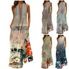 Robes décontractées 2024 Été Débardeur Jupe Art Style Longue Robe Imprimée Femme Col V Sans Manches Lâche Vintage A-ligne