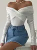 여성용 점프 수트 장미 롬파인 Fantoye Sexy Off Shoulder ruched Women Bodysuit 흰색 긴 소매 하이 허리 바디 수트 여성 가을 ​​마른 패션 의류 2023 J240202