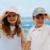 Chapeau d'anniversaire en seersucker, Lot de 25 pièces, casquette pour enfants, entrepôt américain, chapeaux à rayures bleues pour bébés, DOMIL037