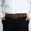 Bälten Western denim Zinc Alloy Letter Buckle Leather Top Line Retro Flower Orange Belt Men's and Women's äkta