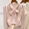 Damesblouses Chiffon Blouse Dames Lange mouw Lint Elegant voor Koreaanse modeoverhemden en 2024 herfstkleding