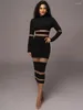 Casual Dresses Mozision Patchwork Bodycon Sexig Midi Dress for Women 2024 Autumn Winter Turtleneck Long Sleeve Club Party Elegant