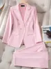 Fashion Pink Green Black Ladies Work Wear Pant Suit Women Female Button Decoration Formal Jacket Blazer and Trouser 2 Piece Set 240130