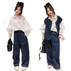 Clothing Sets 10 12 14 15 Teenage Girls Clothes Suit Spring Childrens Denim Vest Wide Leg Pants 2pcs Kids Set Children Outfit